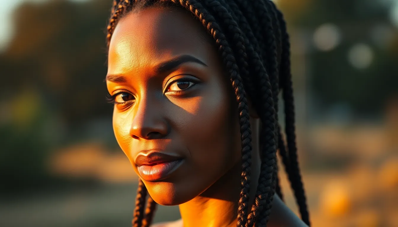 In this intimate close-up portrait, a Black woman with beautifully styled braids is bathed in warm, golden hour light that highlights her features and creates an ethereal glow around her. The shallow depth of field draws the viewer's focus to her expressive eyes and intricate hairstyle while blurring the background into a soft, painterly effect. Rich warm tones enhance her skin color, epitomizing natural beauty and cultural identity.