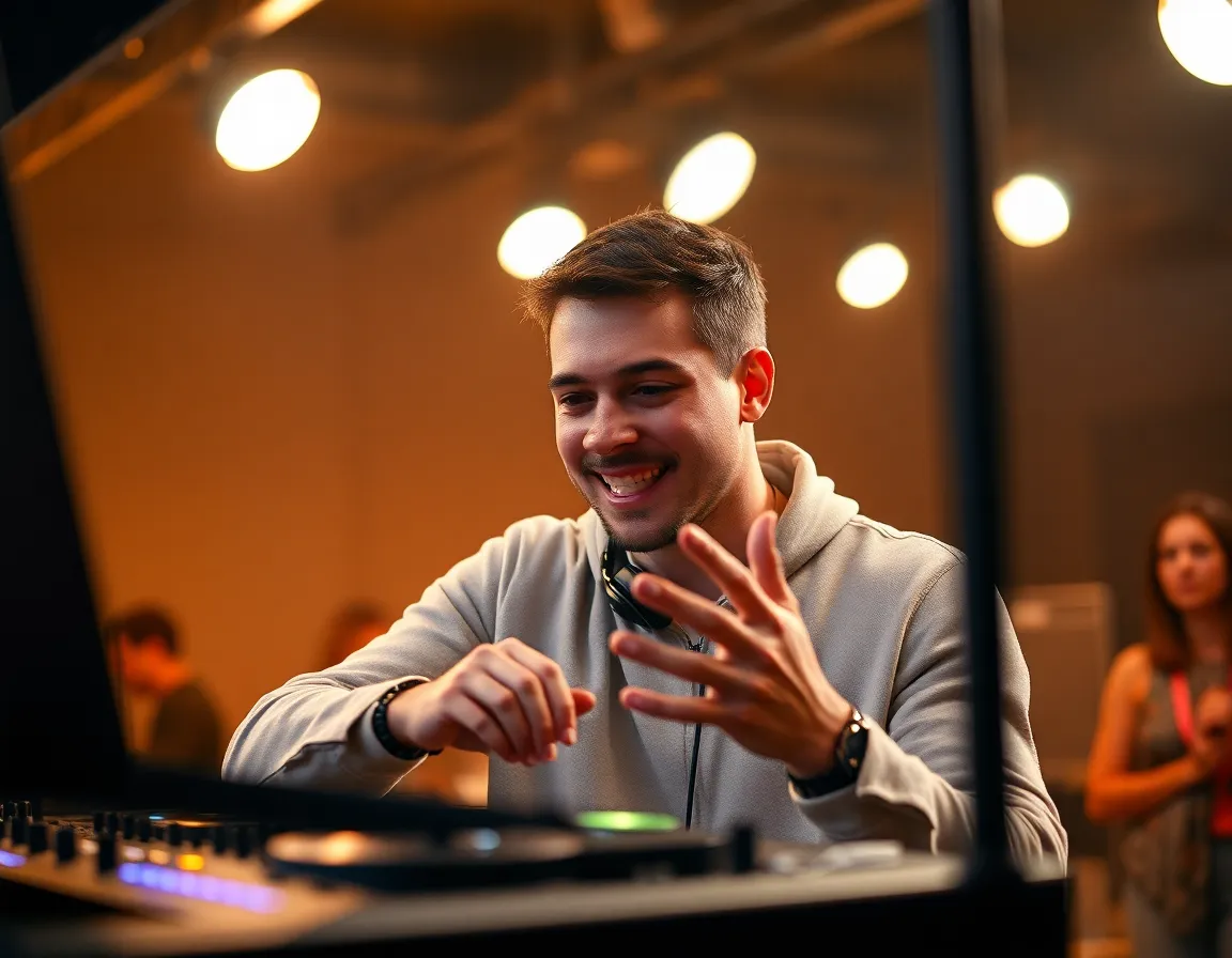 Immerse yourself in the intimate moment of a DJ backstage, preparing to step into the spotlight. Soft overhead lighting casts a warm glow, enhancing the anticipation of the crowd outside. The selective focus draws attention to the DJ's expressive face and movements, while the gentle bokeh provides context without distraction. Earthy tones dominate the scene, emphasizing the authenticity and energy that builds just before a performance.