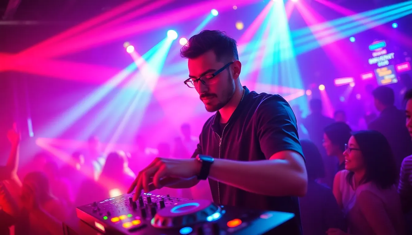 This image captures a DJ in full swing at a bustling nightclub, surrounded by a sea of vibrant lights and dancing partygoers. The energy of the scene is palpable, with colorful LED lights casting dynamic shadows and creating an electrifying ambiance. The DJ, caught mid-action at the mixer, focuses deeply on the music, dressed in stylish attire that contrasts against the vivid background. The overall composition immerses the viewer in the lively nightlife experience with striking colors and textures.