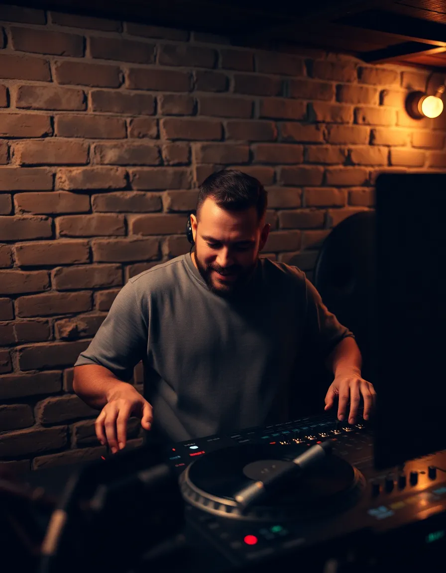 An intimate portrayal of a DJ performing in a cozy basement, surrounded by vinyl records. The soft, low-key lighting creates a moody atmosphere, capturing the DJ's passionate expression as they mix music. The warm earth tones enhance the scene, while the centered composition highlights the DJ's engagement with their craft. Textural details from the brick walls and vinyl records contribute to the overall ambiance of the setting, making it a relatable representation of underground music culture.