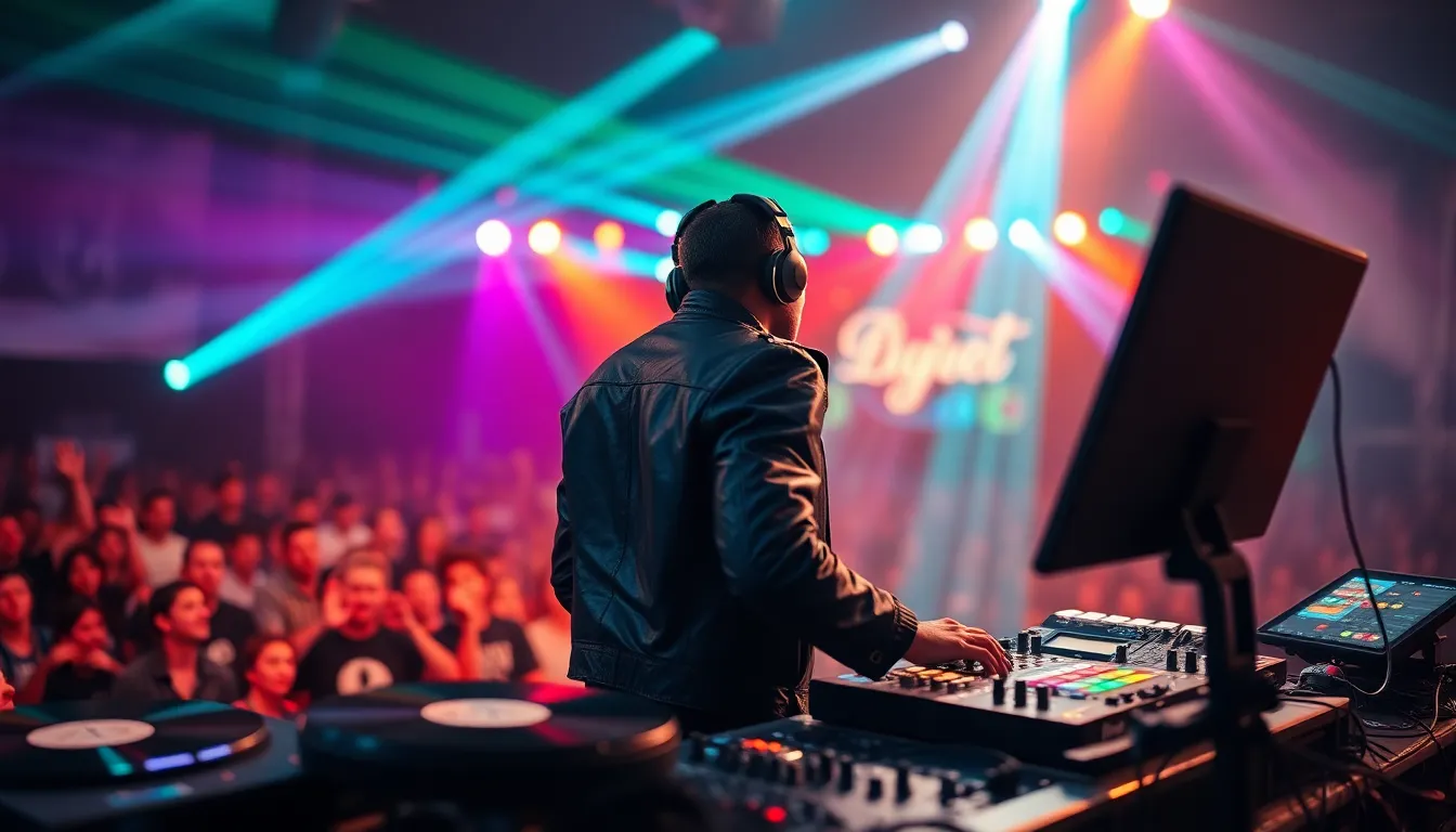 An electrifying scene of a DJ performing at a lively outdoor music festival, set against a backdrop of colorful stage lights. The atmosphere is charged with excitement as bright beams illuminate the DJ and the enthusiastic crowd. The dynamic composition, combined with vibrant colors and strategic depth of field, captures the essence of the festival experience. The DJ, sporting a leather jacket and headphones, is positioned confidently behind the turntables, surrounded by vinyl records and LED screens that further enhance the visual impact.