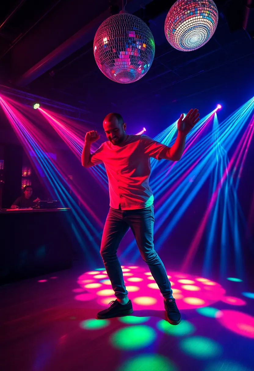 Feel the pulse of the night with this energetic full-body shot of a DJ performing at a lively club. The dynamic LED lights create a colorful atmosphere that dances across the room, enhancing the vibe of the performance. With a shallow depth of field drawing attention to the DJ’s movement, the vibrant color palette captures the exciting essence of nightlife. The composition cleverly utilizes diagonal lines and off-center placement to express energy and passion in the DJ's craft.