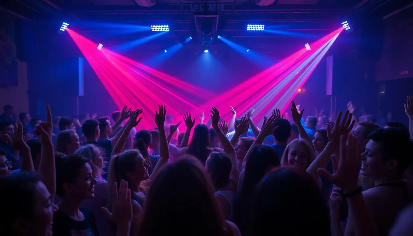 An exhilarating dance floor filled with enthusiastic party-goers lost in the rhythm of a DJ's performance. Pulsating strobe lights create a vivid atmosphere, bathing the crowd in vibrant colors. With a shallow depth of field, the image highlights the joyful expressions of dancers, embodying the electric energy of nightlife and celebration.