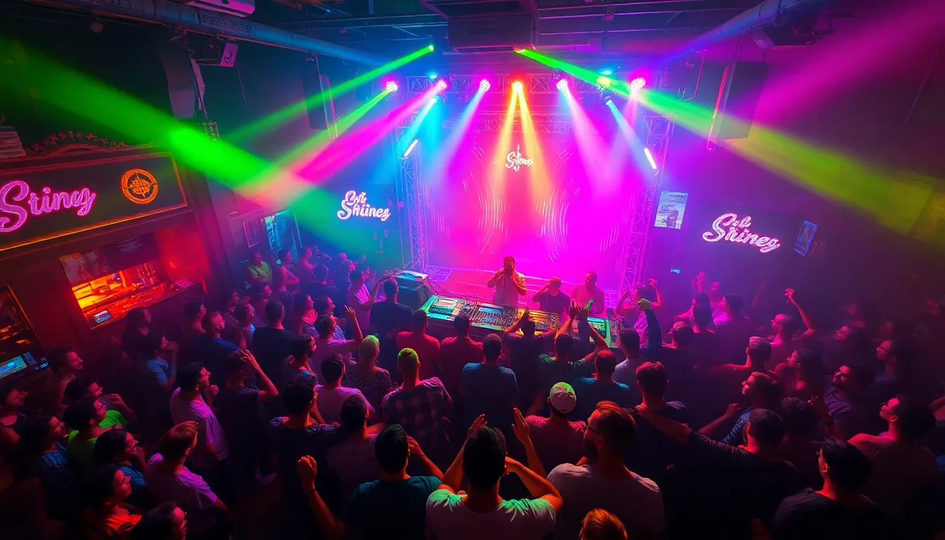 This stunning aerial capture encapsulates the electrifying energy of a night out with a DJ spinning tracks as crowds dance beneath vibrant neon lights. The scene comes alive with a rich palette of glowing greens, pinks, and blues, setting the tone for a thrilling party atmosphere. The depth of field keeps every detail vivid, showcasing the dynamic movements of the crowd while focusing on the DJ booth as the center of excitement. It's a celebration of music, dance, and nightlife that draws viewers into the experience.