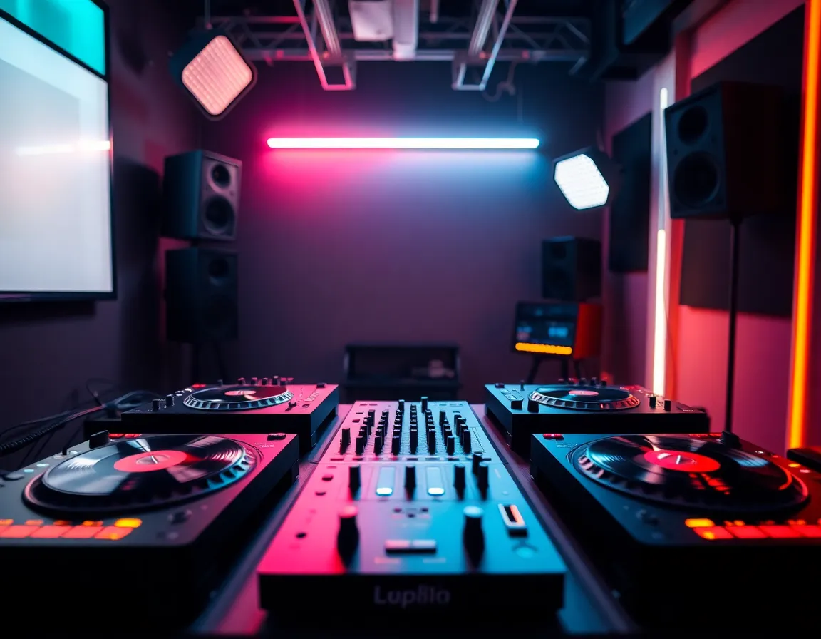 This striking image showcases an avant-garde DJ setup featuring custom turntables and high-tech equipment bathed in dramatic neon lighting. The combination of vibrant colors and sleek gear creates a futuristic atmosphere, enhancing the excitement of the modern DJ experience. Close-up details highlight the artistic design inherent in the equipment, inviting viewers to explore the intricate features. The composition emphasizes symmetry and balance, capturing the essence of creativity in the music technology world.