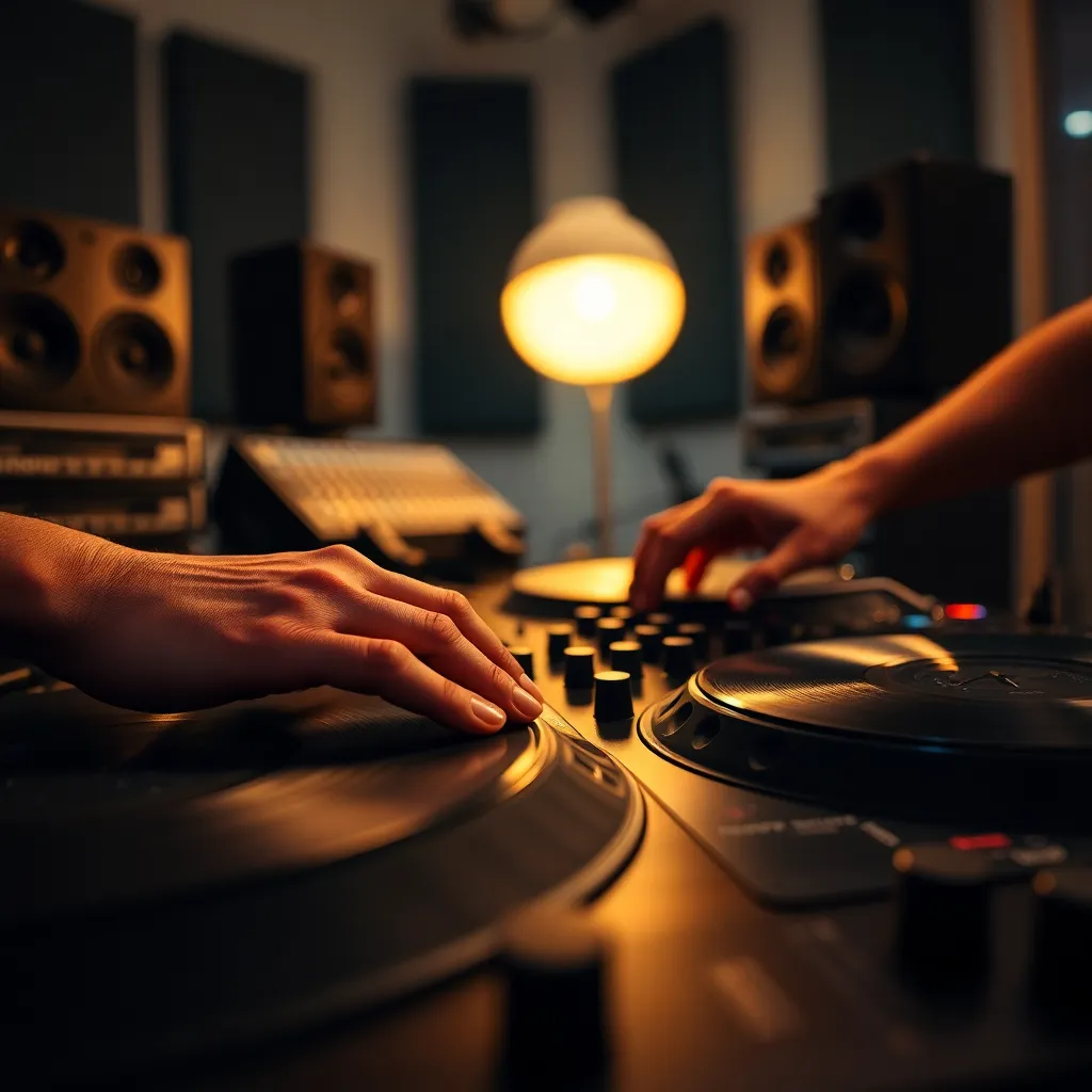 This intimate image captures a DJ's hands expertly working the turntables in a softly lit studio environment. The warm light from a nearby desk lamp enhances the textures of the vinyl records and the intricate details of the equipment, creating a cozy atmosphere. The shallow depth of field brings attention to the precision of the DJ's movements, inviting viewers to appreciate the craftsmanship involved in mixing music. The overall composition effectively connects the audience to the artistry behind the scenes.