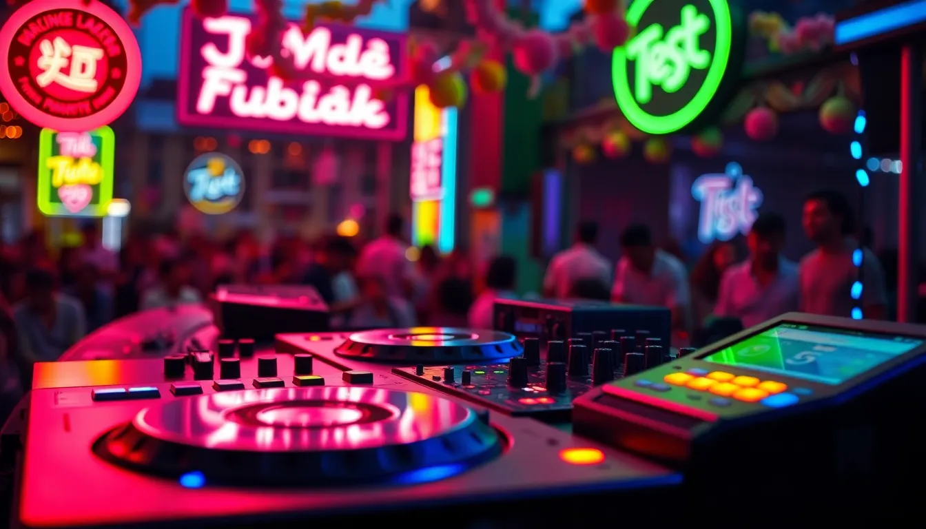 Vibrant DJ Booth with Neon Lights This image immerses viewers in a striking DJ booth at dusk, brought to life with colorful neon lights and lively decorations. The practical lighting creates a captivating glow around the turntables, drawing attention to their intricate design. The saturated pink and green hues evoke energy and excitement, inviting the audience into the scene. The composition effectively showcases the DJ booth while leading the viewer's eye through the vibrant atmosphere filled with eager festival-goers.