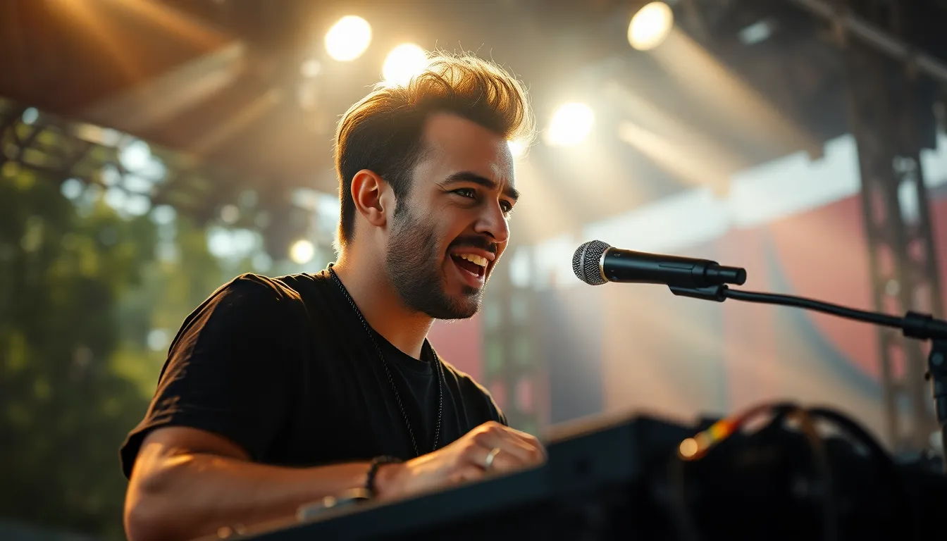 This image portrays a male DJ energetically performing at a lively music festival, surrounded by a vibrant atmosphere. The dynamic stage lighting casts dramatic contrasts, illuminating his focused expression against a soft, blurred audience. Dappled sunlight filtering through the stage canopy enhances the summer festival mood, while the saturated colors create an exhilarating visual experience. The composition effectively draws the viewer's eye toward the DJ and his captivating performance.