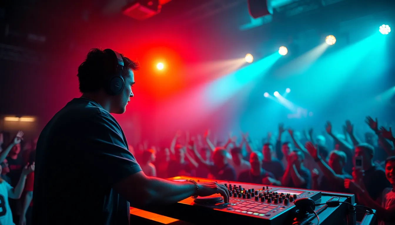 A vibrant scene depicting a DJ immersed in a music festival environment, surrounded by cheering fans. Illuminated by colorful stage lights, the DJ commands attention with intense focus. The shallow depth of field emphasizes the energy of the crowd fading into a beautiful bokeh. The teal and orange color grading evokes a lively, celebratory mood, while the texture of the equipment highlights the professional atmosphere.