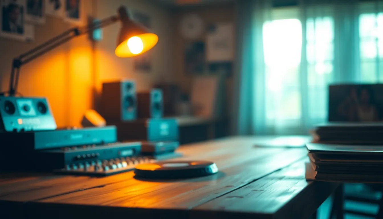 A DJ immersed in mixing tracks at an intimate house party, illuminated by warm tungsten light. The DJ, wearing a casual black tee, displays focused expression while vinyl records lay scattered, enhancing the lively atmosphere. The colors embody a cinematic teal and orange palette, creating a vibrant yet cozy vibe. The shallow depth of field draws attention to the DJ's hands on the turntables, blurring the background for added intimacy.