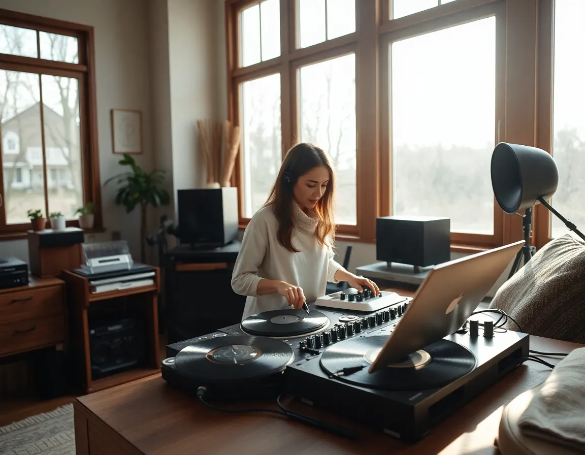 This image captures a DJ deeply engaged in mixing vinyl records within a cozy home studio. Soft daylight floods through large windows, illuminating the warm wooden surfaces and textured fabrics in the space. The composition features leading lines that guide the viewer's gaze toward the DJ, highlighting her concentration and creativity. The natural muted tones create a soothing and inspiring ambiance, perfect for artistic expression.