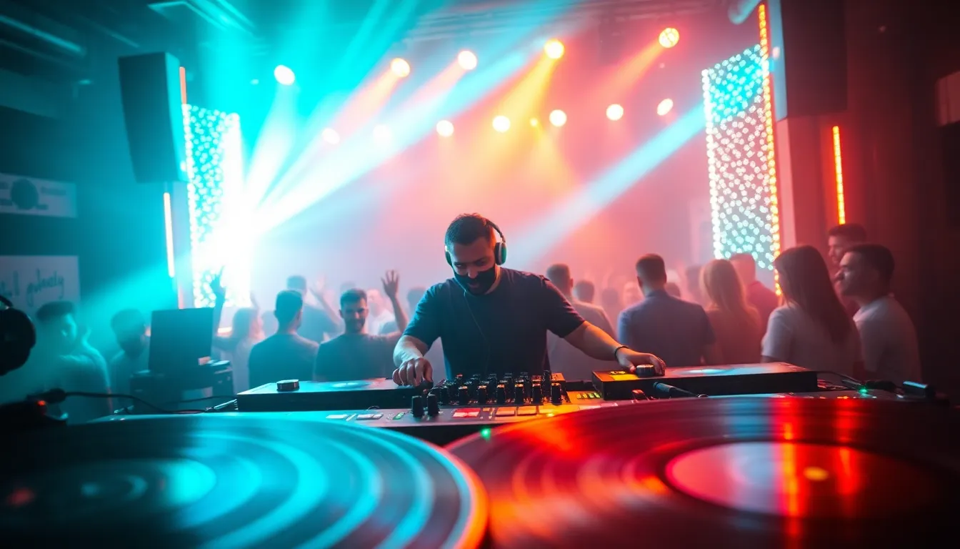 A lively scene inside a bustling nightclub, featuring a DJ engrossed in mixing tracks. The vibrant neon lights illuminate the crowd, creating an energetic atmosphere. The DJ, dressed in a stylish black outfit, looks focused and passionate as partygoers dance energetically around them. The image captures the essence of nightlife with a cinematic color palette and textured elements like vinyl records.