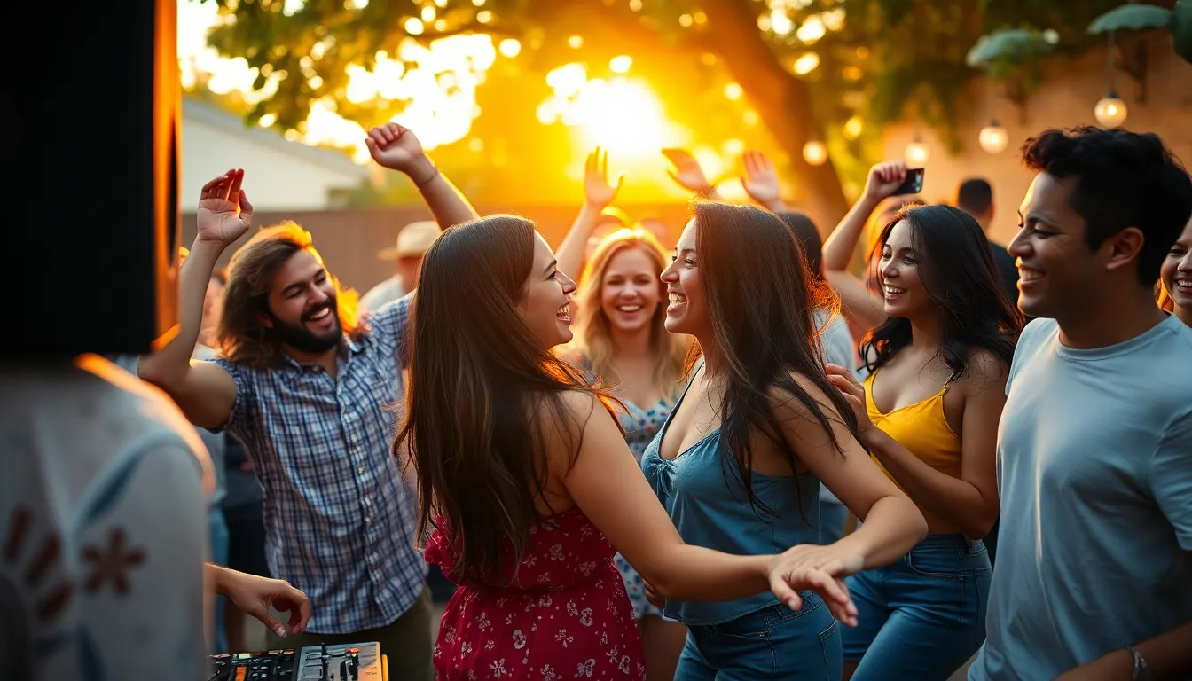 This lively image captures a group of friends dancing joyfully to the beats of a DJ at a vibrant backyard party. The warm golden hour sunlight bathes the scene, highlighting the cheerful expressions of the dancers. The energy of the moment is infectious, creating a sense of celebration and connection. The colorful surroundings, enhanced by saturated colors, add to the festive mood of the party, making it a perfect summer gathering snapshot.