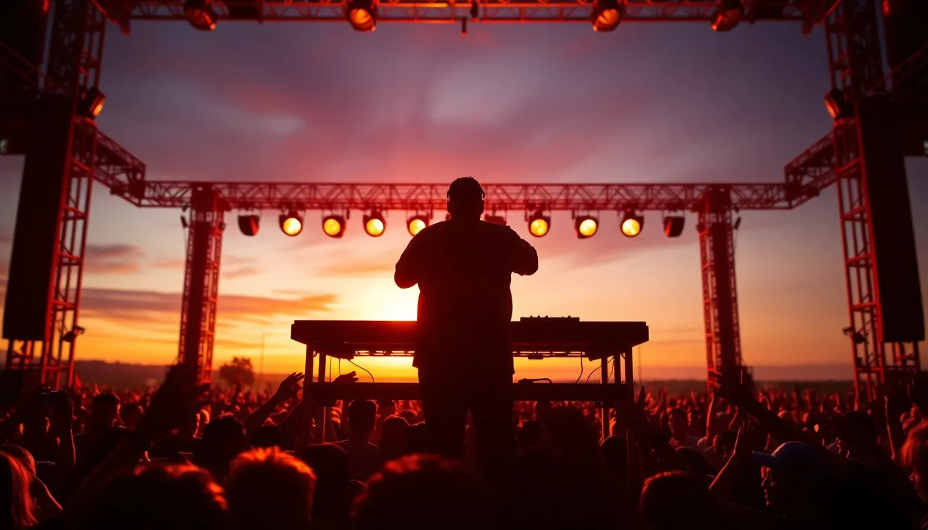 This electrifying image captures a DJ performing under the bright lights of a night music festival. The scene is filled with vivid colors and lively energy, as the DJ commands the stage with enthusiasm. The night atmosphere is enhanced by the brightness of the lights contrasting against the velvet sky. The crowd in the background can be seen fully engaged, bringing an exhilarating sense of connection. The composition and lighting beautifully illustrate the thrill of live performances.
