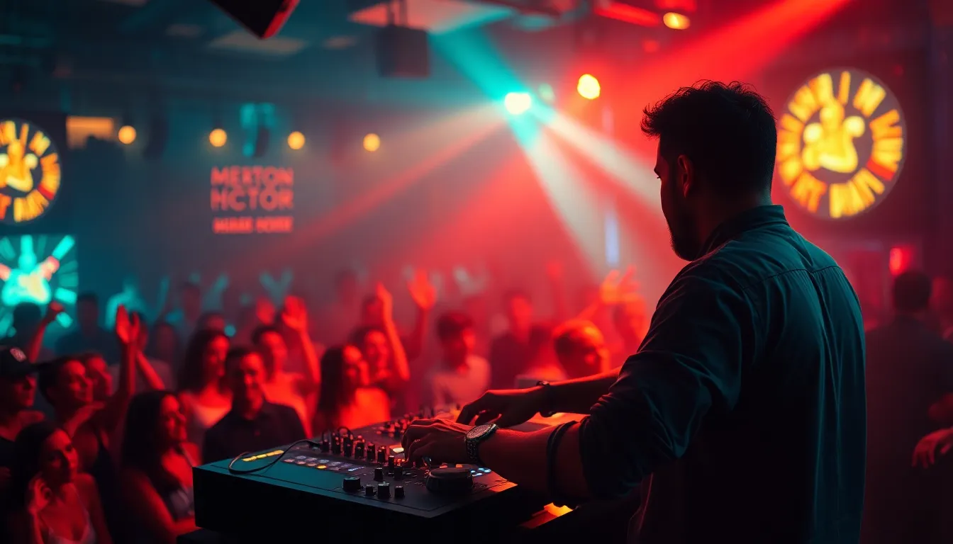 This image captures the thrilling energy of a DJ performing in a crowded nightclub. Neon lights bathe the DJ in vibrant colors, while partygoers dance in the background, softened by a shallow focus. The composition follows the rule of thirds, highlighting the DJ's intense expression and the elite sound equipment. This scene exudes excitement, rhythm, and a vivid nightlife atmosphere.