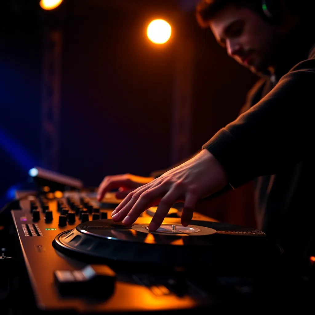 An intricate close-up of a DJ's hands deftly working the turntable during an electrifying live performance. Illuminated by focused stage lighting, the hands glisten against the dark backdrop, creating a dramatic contrast. The shallow depth of field draws viewers into the details of the turntable, encapsulating the skill and passion of live music creation.