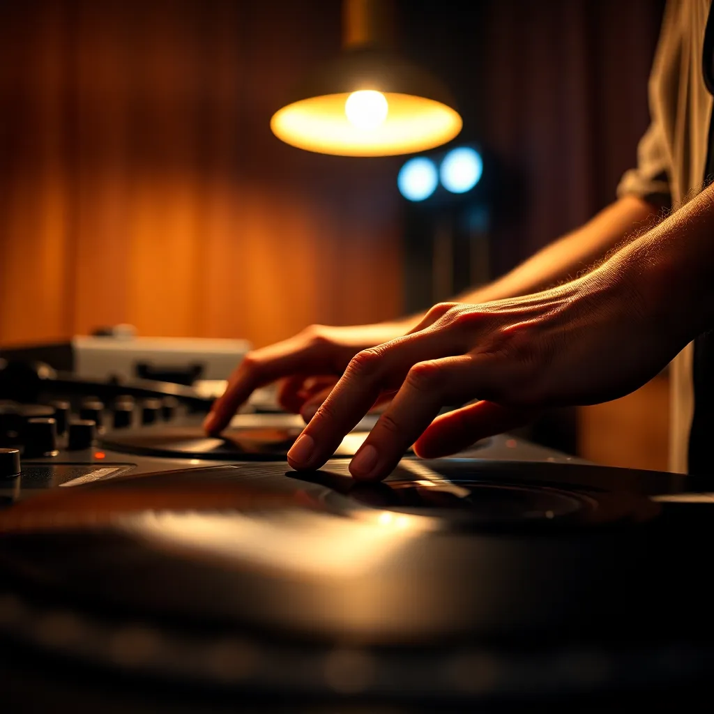 This intimate close-up image captures the hands of a DJ expertly manipulating vinyl records. Bathed in warm tungsten light, the cozy atmosphere emphasizes the tactile details of the textured vinyl and the DJ's calloused fingers. The shallow depth of field draws attention solely to the action, while soft bokeh creates a nostalgic ambiance. Rich browns and golds dominate the color palette, enhancing the warmth of this moment shared between the DJ and their craft.