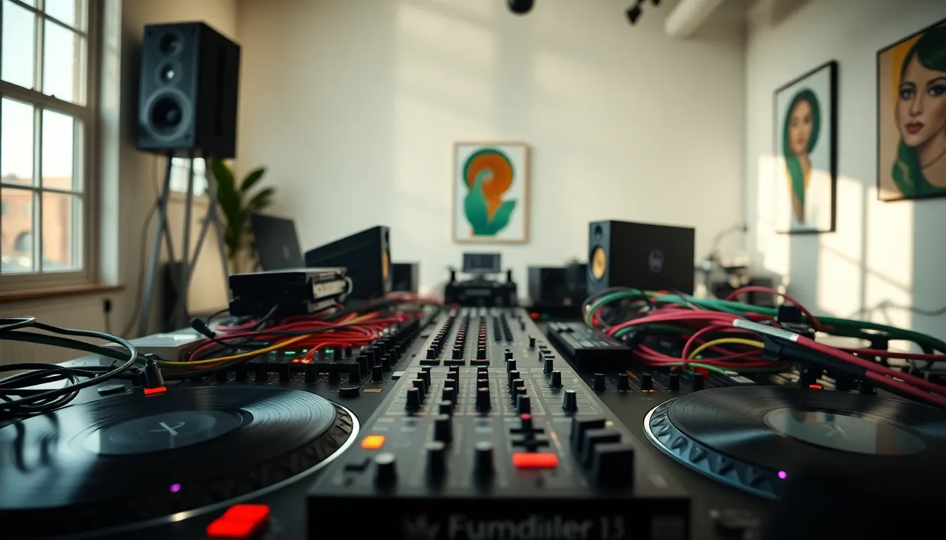 This captivating image showcases a DJ setup in a sunlit room, featuring a collection of turntables, mixers, and colorful cables. The use of diffused daylight creates a warm and inviting atmosphere, while the vibrant colors of the equipment pop against a neutral backdrop. The hyperfocal depth of field captures intricate details in everything from vinyl records to the nuanced textures of the workspace. The composition effectively leads the viewer's eye through the various elements, emphasizing the artistry and complexity of DJing.
