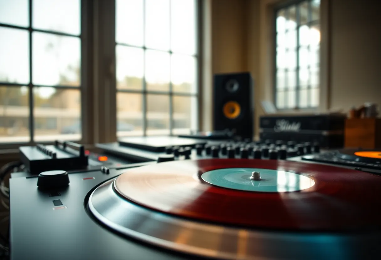 An inviting image of a stylish DJ setup illuminated by soft, diffused natural light from a nearby window. The turntable, featuring rich wood grain texture and colorful vinyl records, takes focus, emphasizing the art of music mixing. Natural muted tones enhance the ambiance, creating a warm atmosphere. The rule of thirds composition effectively showcases the DJ equipment, inviting viewers into the creative space.