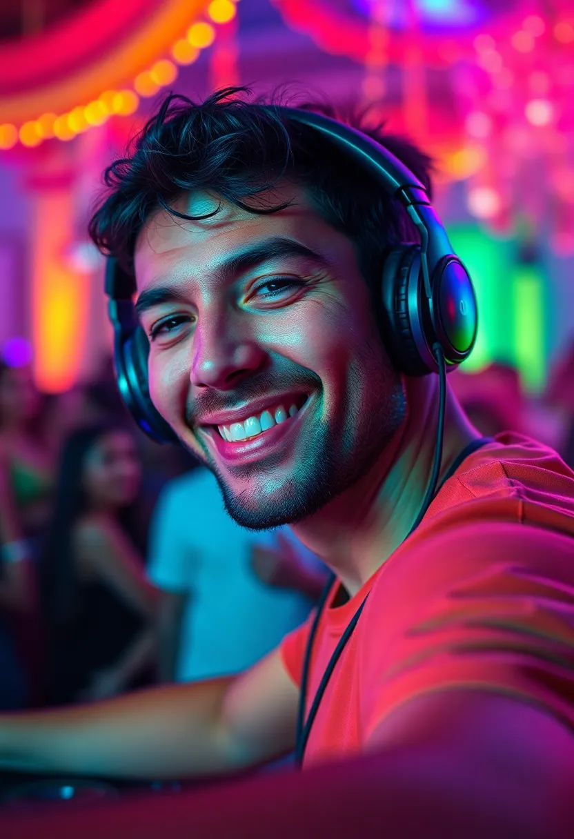 A close-up portrait of a DJ wearing stylish headphones, their face lit up with a bright smile as they connect with the crowd. The vibrant colors of the party decor and lighting create a lively backdrop, while the soft bokeh adds depth to the scene. The image captures the joy of music and performance, emphasizing the DJ's expressive personality against a colorful party atmosphere.