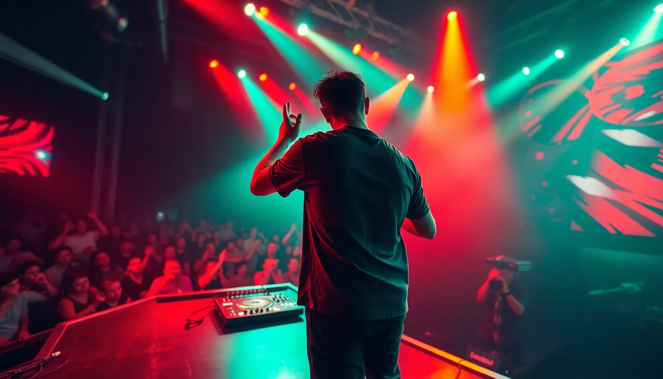 An electrifying image capturing a DJ performing on stage under dramatic lighting. Vibrant reds and greens emphasize the DJ's dynamic movements, while the audience is captivated in the background. The Dutch angle adds a sense of action and energy to the scene, complemented by cinematic color grading. The textured fabric of the DJ's clothing contrasts beautifully with the polished stage floor, enhancing the visual excitement.