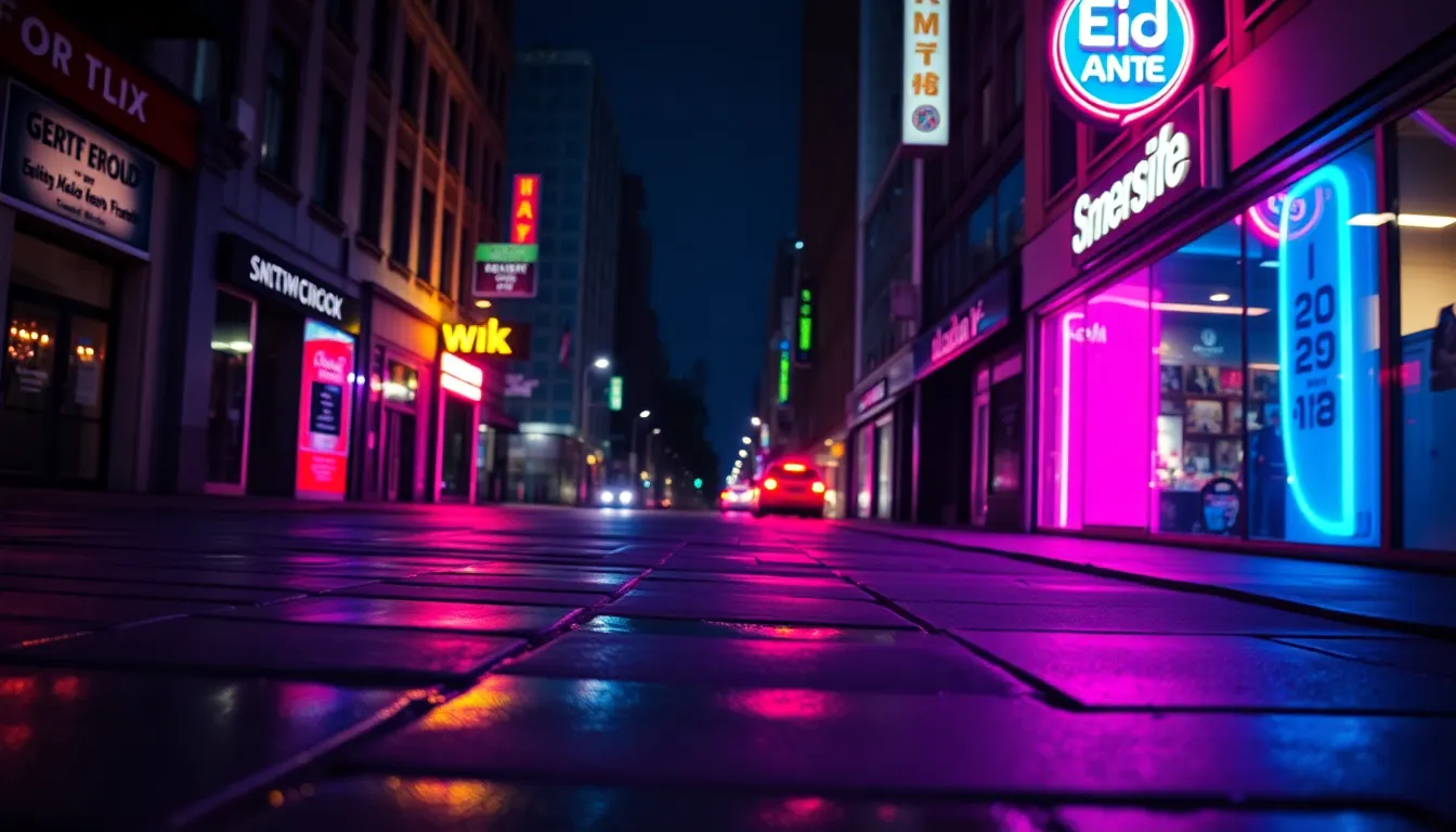 In a vibrant urban setting, a DJ performs under dazzling neon lights, reflected on wet pavement. The dramatic butterfly lighting creates a striking contrast with the saturated colors, enhancing the electrifying mood of the nightlife. The DJ's confident posture and the surrounding reflections draw the viewer's attention, embodying the essence of contemporary music culture amidst bright cityscapes.