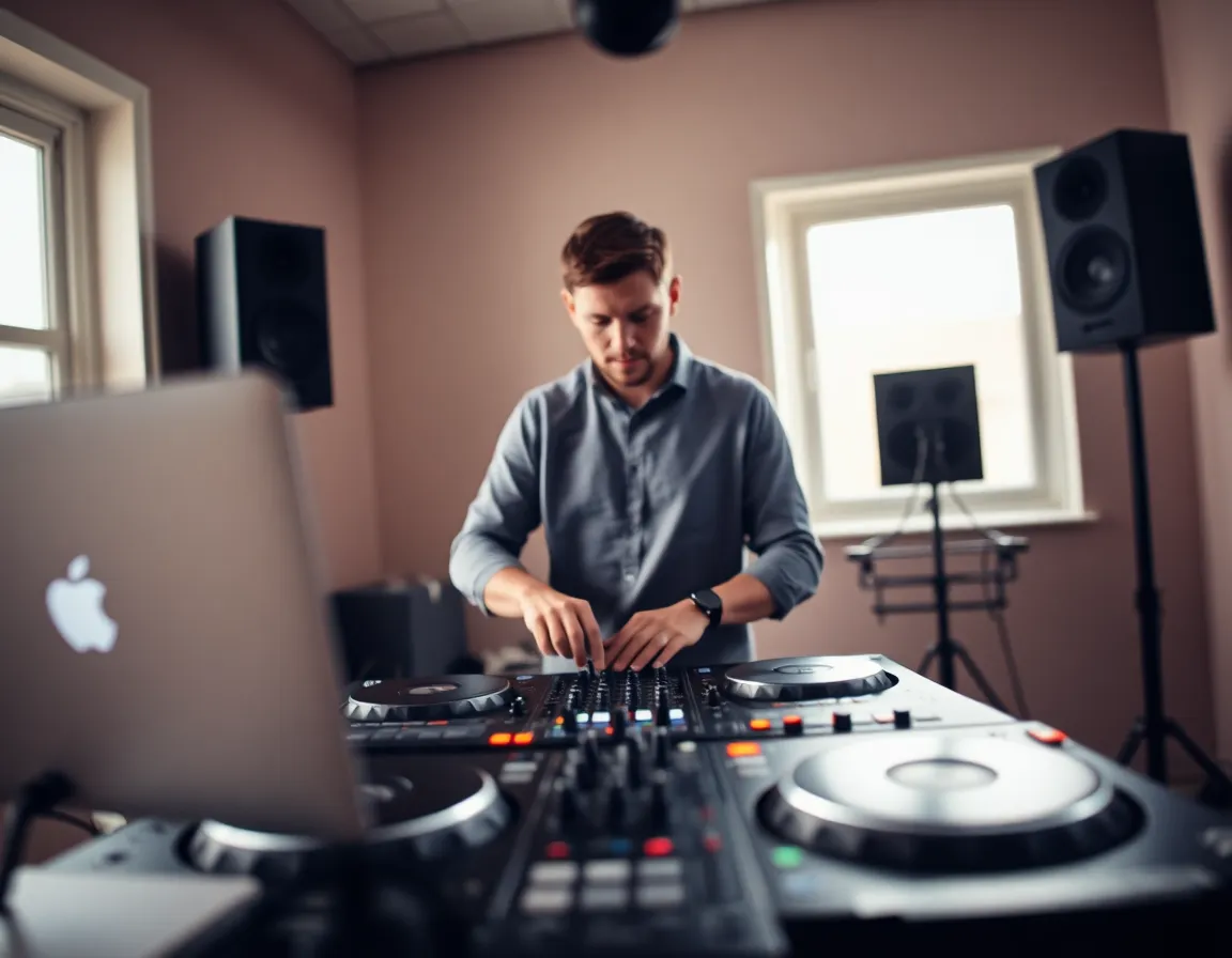 Inside a well-lit studio, a DJ adjusts their equipment, surrounded by sophisticated tech. The image captures the DJ's focused hands in sharp detail, showcasing the precision involved in their craft. Soft, natural light filters through the window, creating a serene yet intense atmosphere. This composition emphasizes balance and symmetry, drawing attention to both the artist and their gear.
