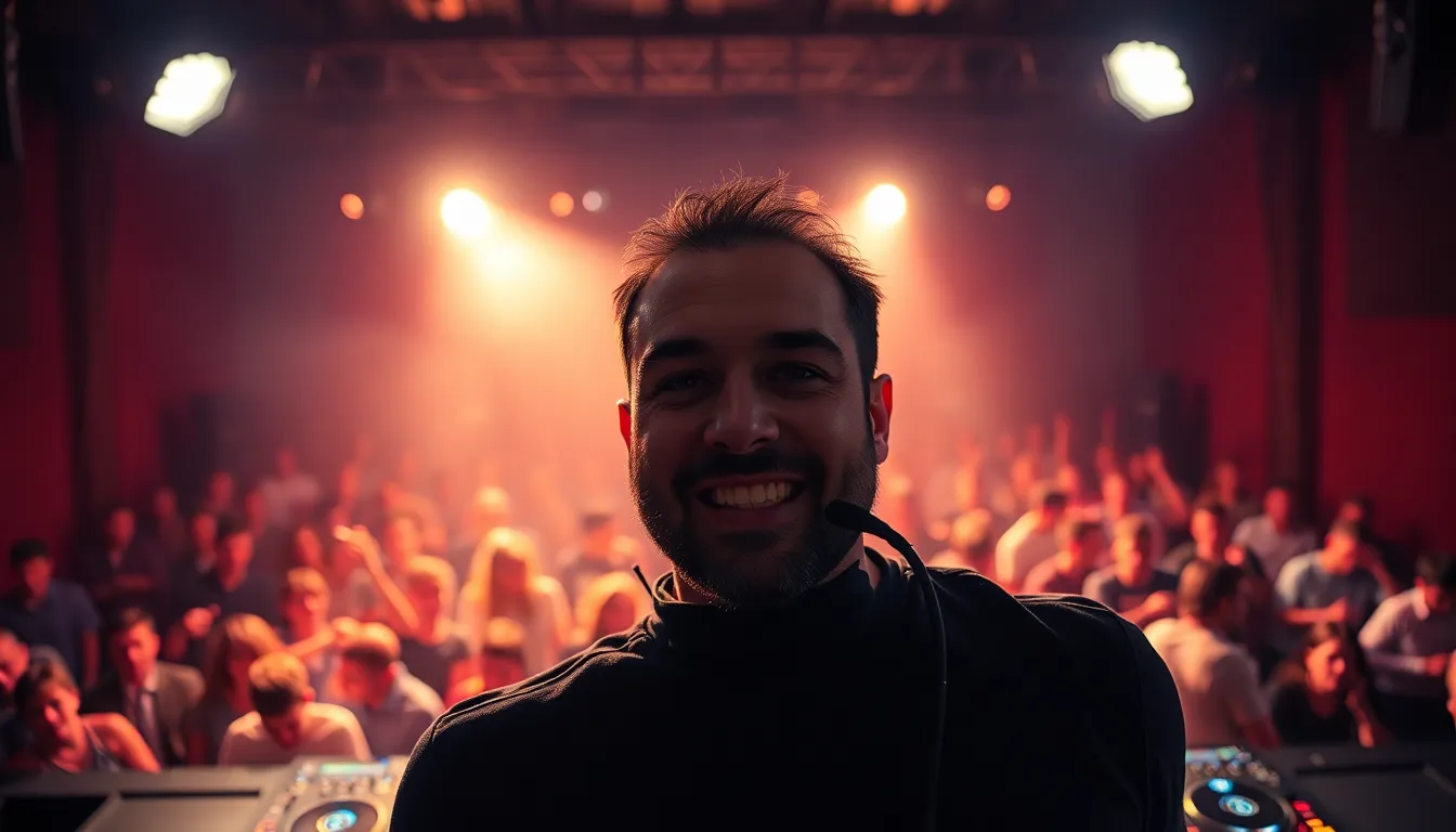 In a performance setting, a DJ stands behind the booth, engaging with the audience amidst dramatic stage lighting. The image captures the emotions on the DJ's face as they connect with the crowd, surrounded by a sea of dancing fans. The blurred background emphasizes the DJ’s energy, while muted tones give the scene a slightly gritty, yet vibrant feel. This moment reflects the intense atmosphere of live music.