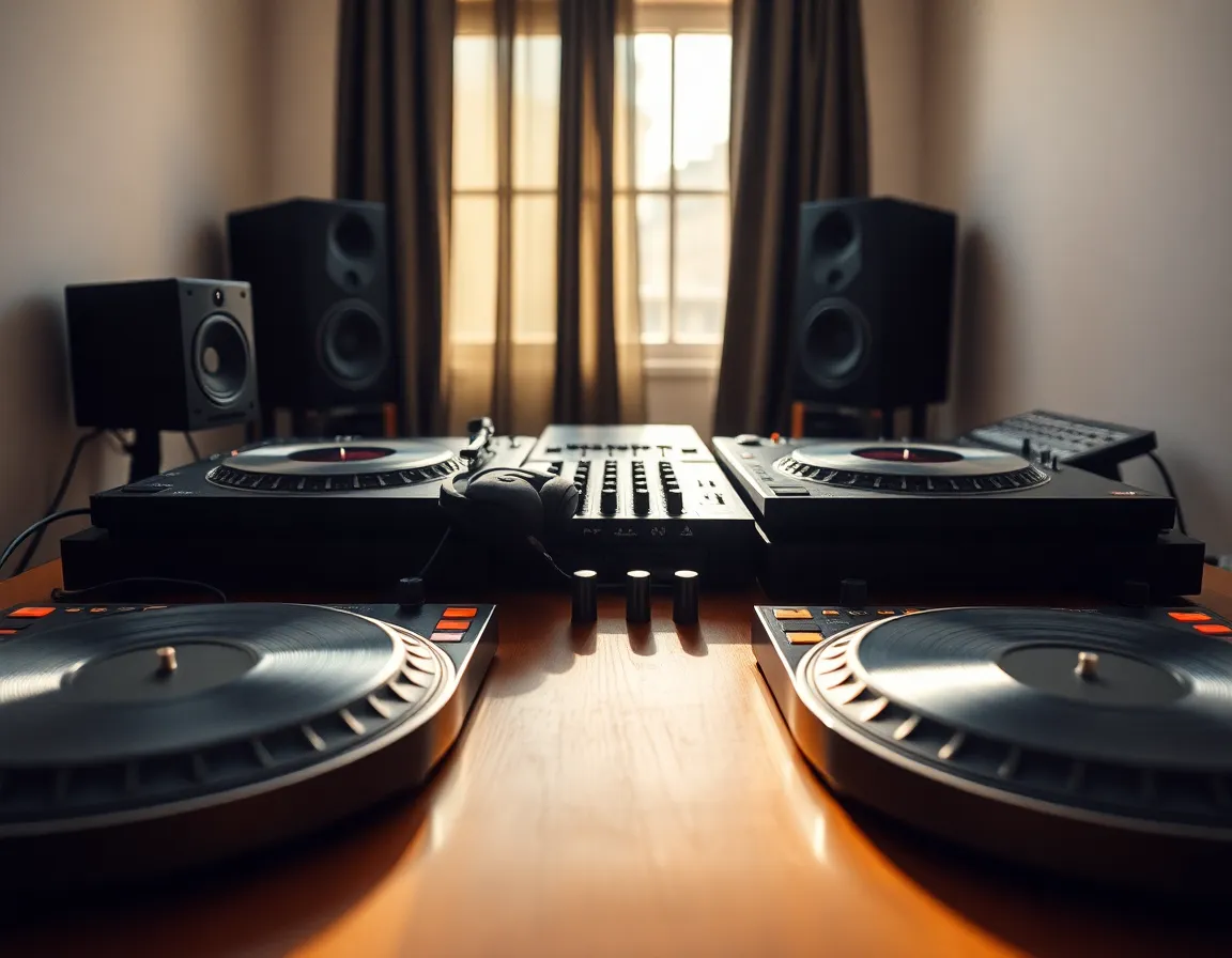 This close-up shot features a meticulously organized DJ equipment setup, showcasing the artistry involved in mixing music. The natural light enhances the rich textures of the wooden table and the equipment's polished surfaces. The warm color palette adds a welcoming tone to the scene, inviting viewers to admire the intricacies of the gear. The shallow depth of field creates a beautiful separation from the background, focusing attention on the details that define a DJ's craft.