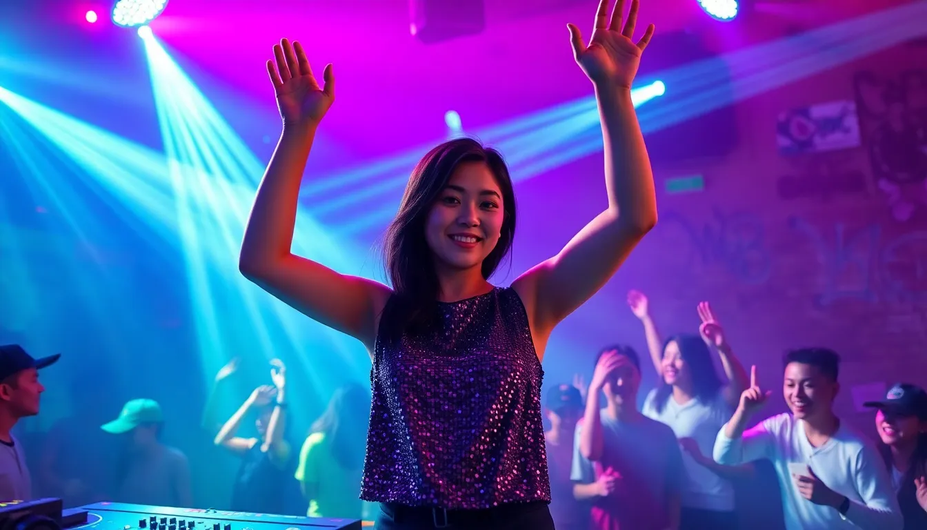 Dynamic DJ in Vibrant Club Scene This image captures a lively DJ performance within a bustling club environment. The DJ, an Asian woman in a sparkling sequined top, is energetically engaging with the audience under vibrant LED lights. The background features an electrifying mix of blues and purples that enhance the nightlife mood, with a blurred crowd expressing excitement. The composition draws the viewer's eye to the DJ while framing the energy of the surrounding partygoers.