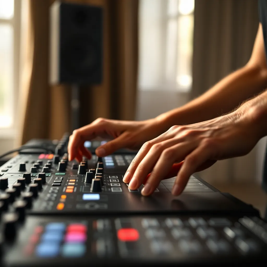 An intimate close-up shot reveals a DJ’s hands deftly engaging with a digital mixing console, showcasing the artistry of live music production. Soft daylight illuminates the scene, enhancing the serene and focused mood. The shallow depth of field beautifully blurs the background, emphasizing the intricate textures of the console and the DJ's skin. A centered composition draws attention to the skillful movements, making it a captivating study of music and technology.