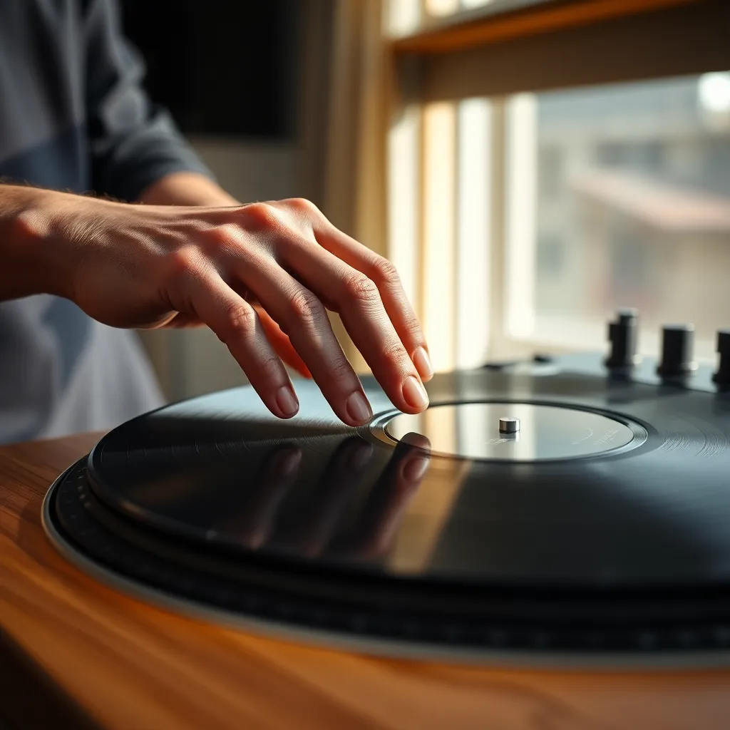This intricate close-up captures a DJ's hands in action while manipulating vinyl records on a turntable. Soft daylight illuminates the scene, emphasizing the textures of the records and the subtle movements of the DJ's fingers. The shallow depth of field pulls the viewer's attention directly to this artistry, while the muted color palette creates a warm and inviting feeling, encapsulating the passion that goes into the craft of DJing.