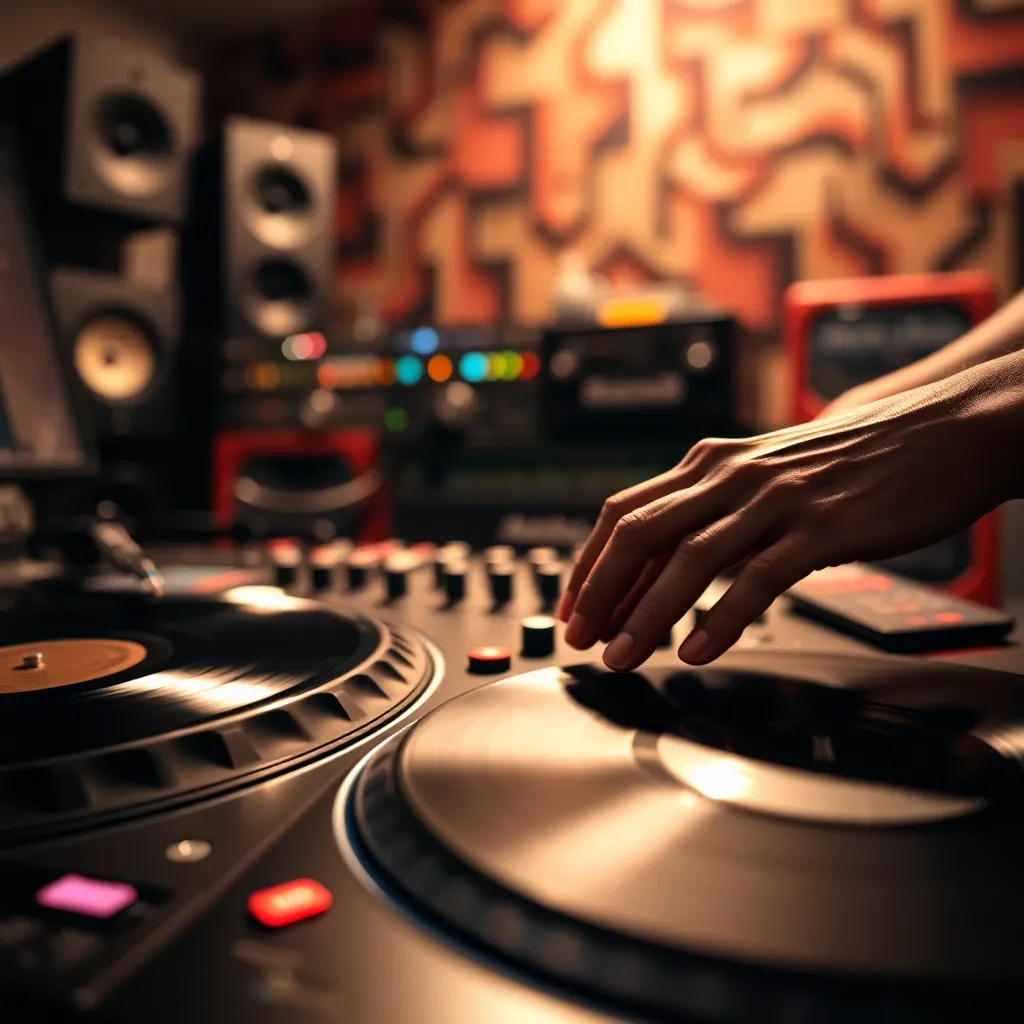 Close-Up of DJ Hands on Vinyl Records This image presents an intimate glimpse into the art of DJing, showcasing a DJ's hands skillfully manipulating vinyl records. The soft studio lighting enhances the textures of the equipment, highlighting the rich wood tones and metallic details. The shallow depth of field isolates the action, creating a dreamy bokeh effect that emphasizes the craft. This composition draws the viewer's eye to the intricate details of the hands and vinyl, evoking a sense of nostalgia for classic music.