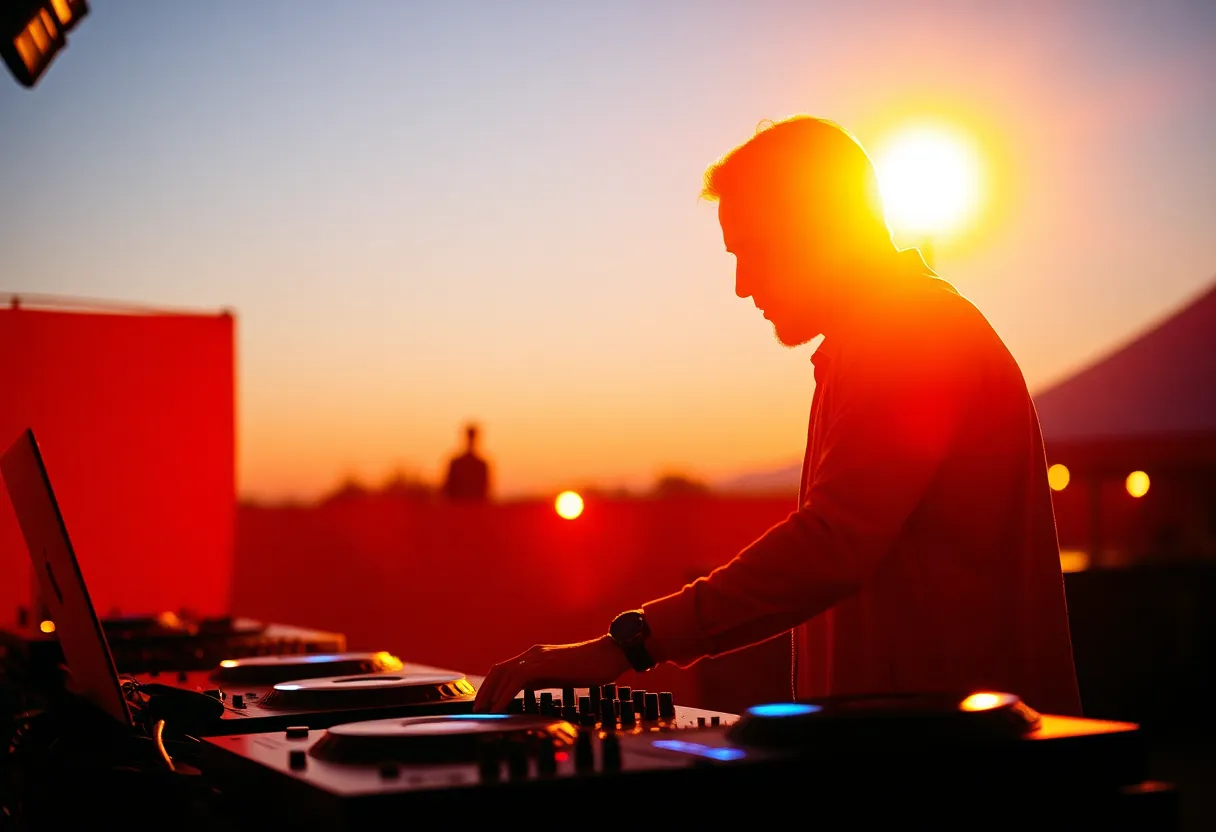 Set against a stunning sunset backdrop, a DJ stands confidently behind their turntables, illuminated by the warm glow of natural light. The scene captures the DJ's natural expression, their hands poised above the equipment, ready to create. The rich, warm colors evoke a sense of creativity and passion for music, with lush greenery behind them in soft focus. This image presents a perfect blend of nature and artistry.