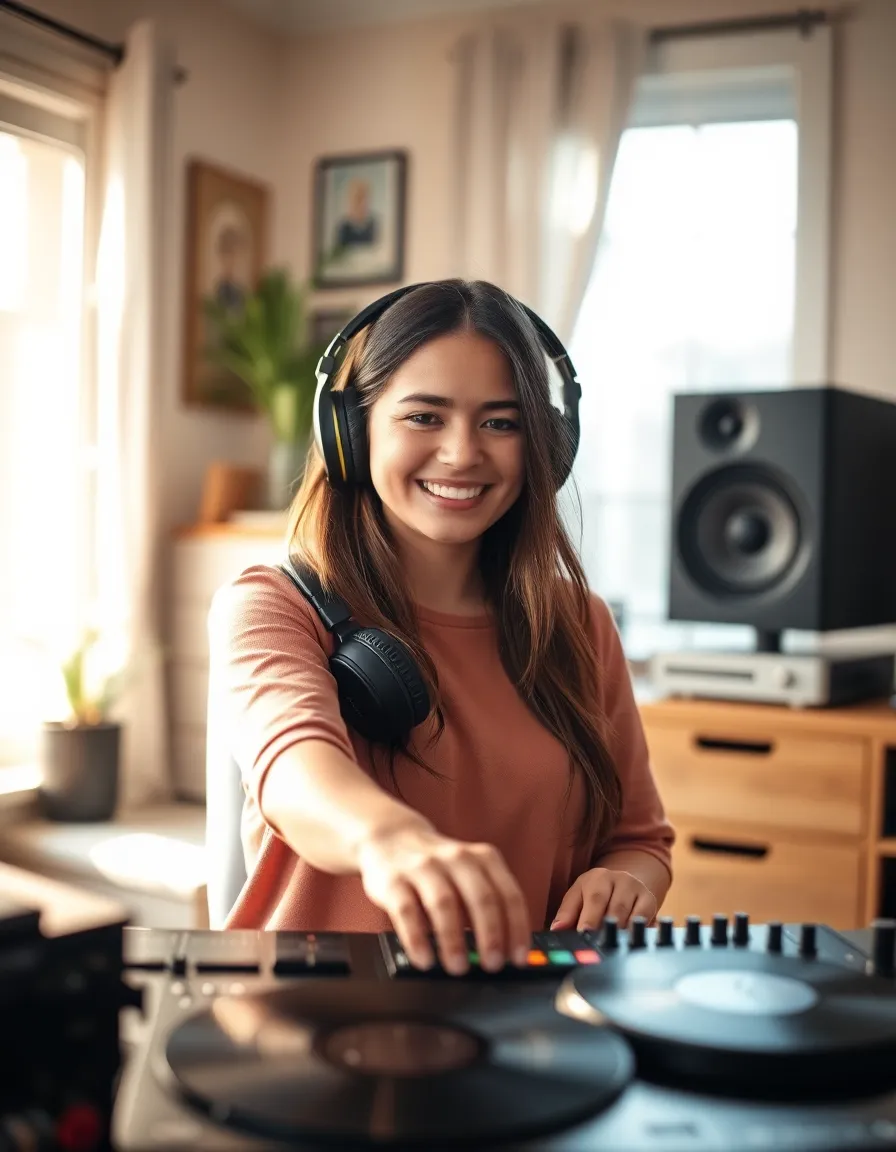 This intimate portrait showcases a female DJ joyfully mixing music in her cozy home studio. Soft, diffused daylight streams through a large window, highlighting her smile and the details of her headphones and vinyl records. The warm color palette fosters a creative atmosphere, inviting viewers into her world. The shallow depth of field creates a dreamy effect, while leading lines from the studio furniture enhance the composition, making the DJ the focal point of this vibrant scene.