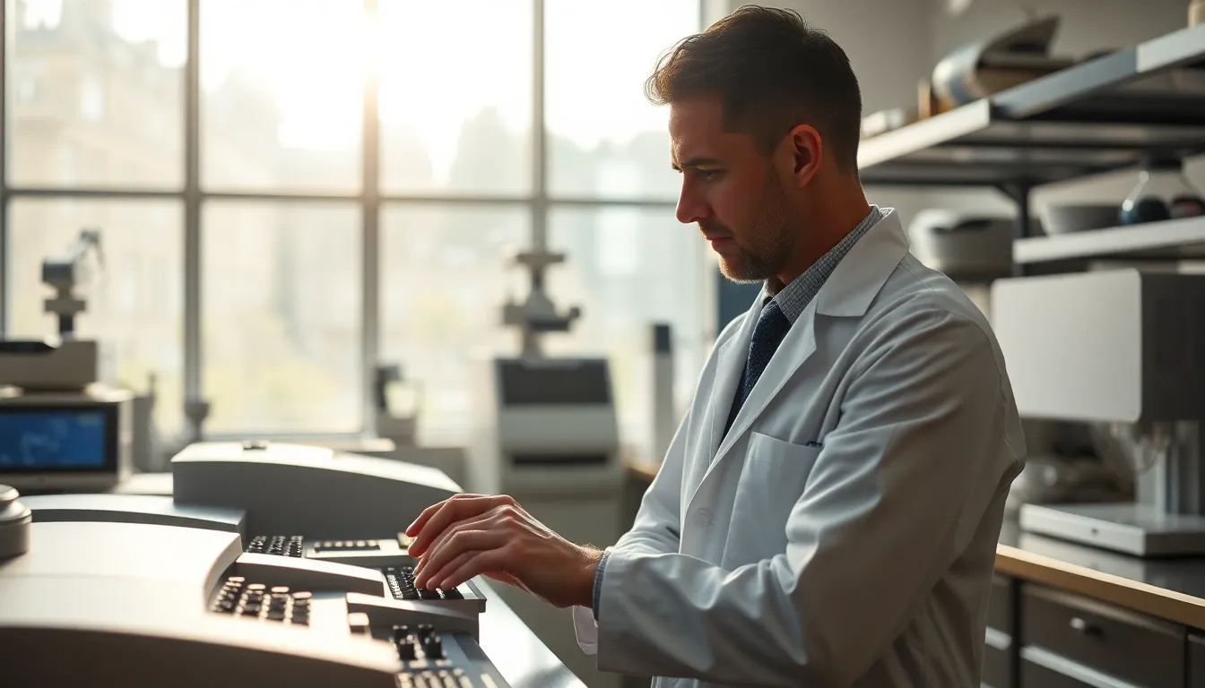 In a contemporary laboratory, a biologist meticulously examines a DNA sequencing machine under the soft diffused daylight from large windows. The natural muted tones enhance the clinical feel of the lab while the sharpness of the entire image draws attention to both the subject and the advanced equipment. This portrayal highlights the intersection of science and technology, showcasing the dedicated effort in genetic research. The careful composition invites viewers into the focused world of scientific inquiry.