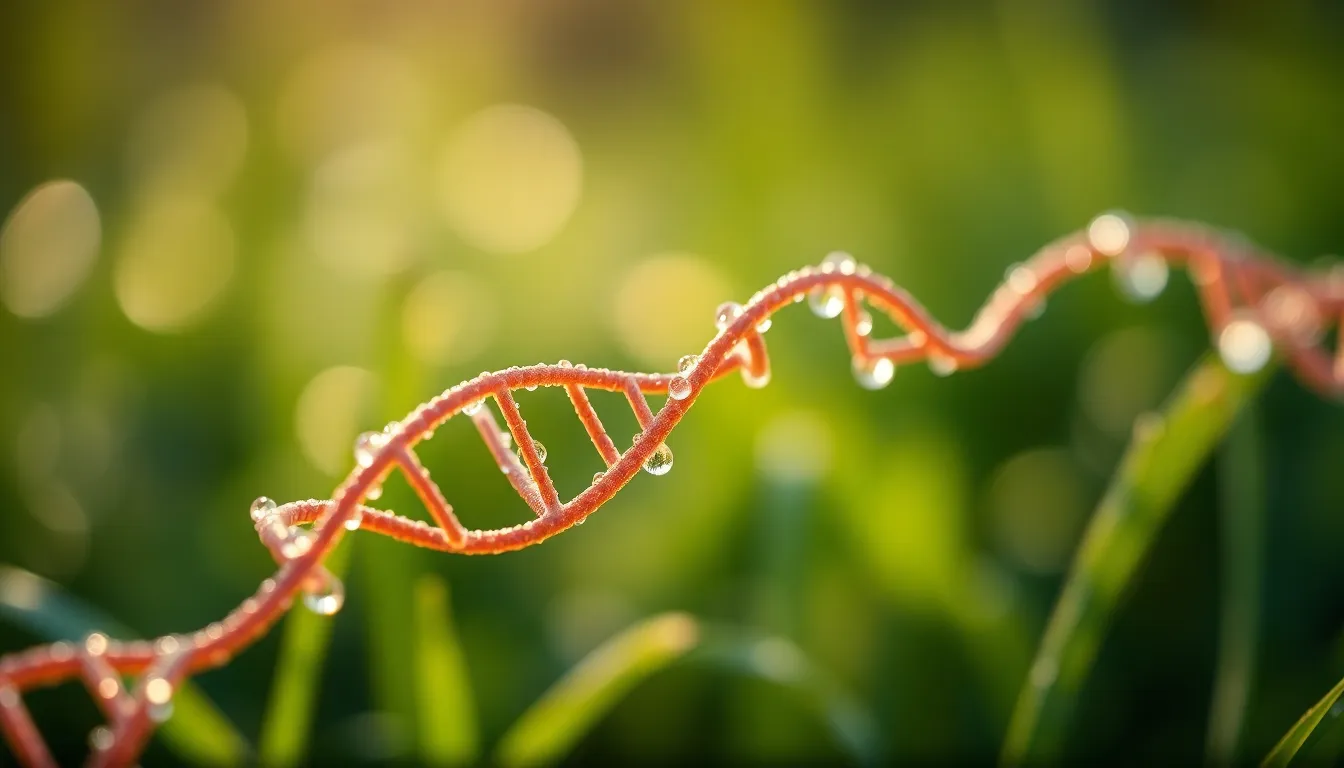 Macro Shot of DNA Strands with Nature This macro shot beautifully captures DNA strands intertwined with elements of nature, illuminated by soft morning light. The selective focus emphasizes the intricate details of the strands while the background remains softly blurred, creating a dreamy effect. Rich warm tones and dew droplets add a fresh and vibrant atmosphere, showcasing the elegance of the biological world and its connection to the environment.