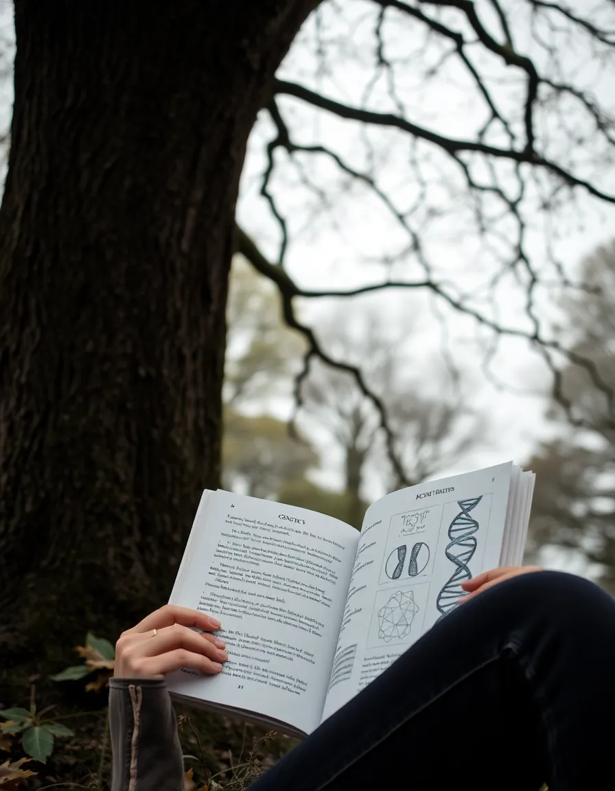 This serene image portrays a person sitting comfortably under a tree, engrossed in a book on genetics. Captured in soft, diffused overcast light, the scene exudes a tranquil feeling, enhanced by the muted tones of the surrounding nature. The soft depth of field ensures that both the reader and the book's illustrations are clear, drawing viewers into the moment. Leading lines from the branches of the tree subtly guide the eye toward the subject, creating an inviting and thoughtful composition.