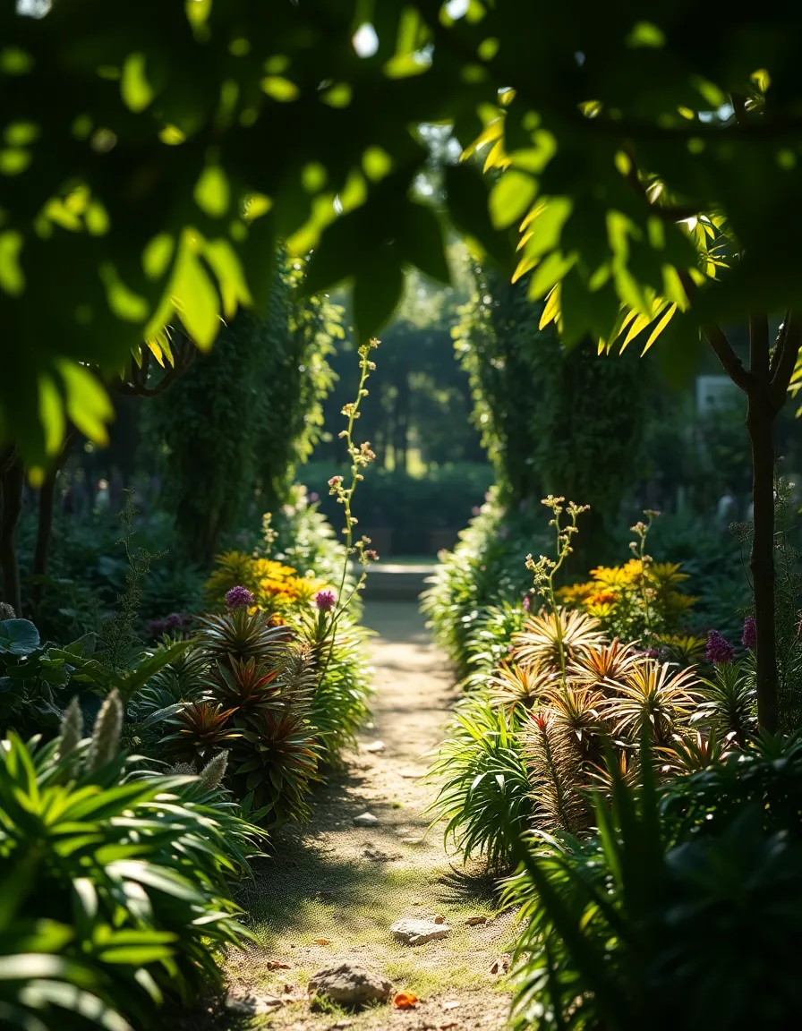 Set in a lush garden, this photograph depicts vibrant plant-based DNA models basking in dappled sunlight. The shallow depth of field beautifully blurs the surrounding foliage, allowing the colorful models to stand out as the focal point. Natural light enhances the muted greens and soft browns, creating a serene and inviting atmosphere. Leading lines from the garden path draw the viewer in, exploring the intersection of nature and science.