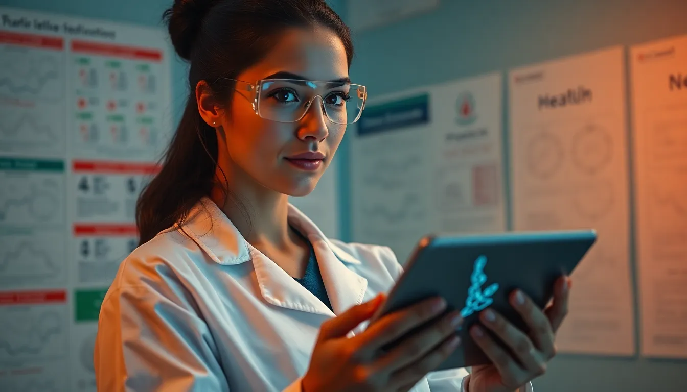 This captivating portrait captures a female scientist in lab gear, intently focused on a digital tablet displaying intricate DNA data. Employing butterfly lighting from above, the image reveals soft catchlights in her eyes, enhancing her expression of concentration. The cinematic teal and orange color grading adds a modern touch, juxtaposed against the scientific posters in the background. The shallow depth of field emphasizes her presence, while the texture of her lab coat glows softly in the lab environment, symbolizing the dedication to scientific discovery.