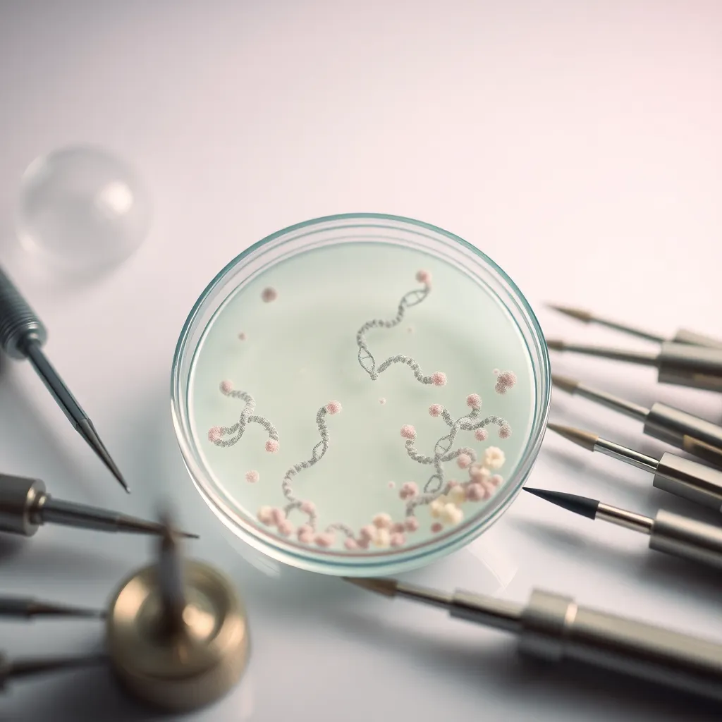 DNA Culture in Petri Dish with Scientific Instruments This captivating macro image illustrates a petri dish housing a DNA culture, surrounded by scientific instruments in a clean and organized laboratory setting. Captured using the Fujifilm GFX 100S, the image artfully highlights the intricate details of the DNA strands and the sterile quality of the lab environment. The soft, diffused lighting enhances the colors, providing a serene and focused scientific atmosphere. Ideal for presentations or articles in biochemistry and genetics.