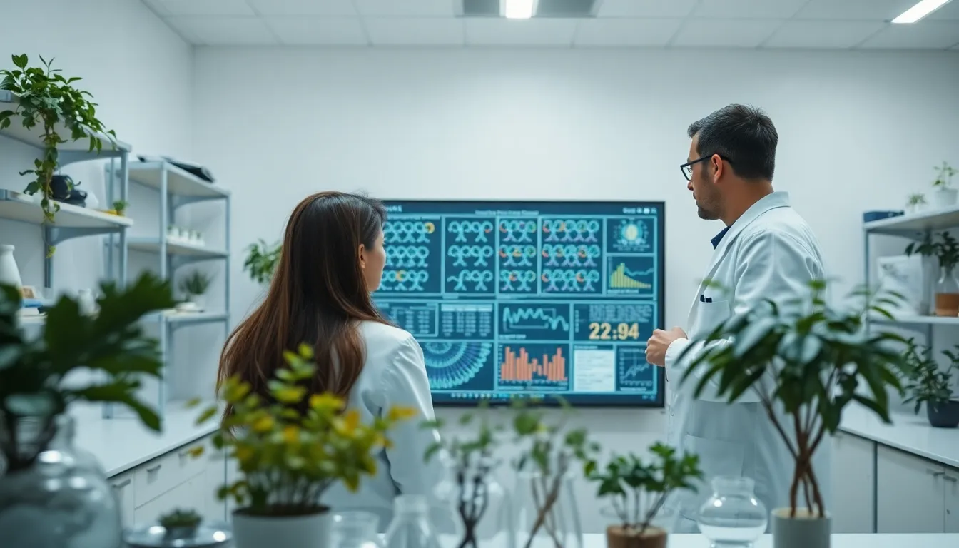 In a well-lit laboratory, researchers engage in collaborative discussions over a digital screen showcasing complex DNA sequences and data analysis. The overcast daylight creates a soft, inviting atmosphere while maintaining clarity across the scene. Natural muted tones blend harmoniously with the white lab walls and green plants, symbolizing a balance between technology and nature. This image beautifully captures the essence of teamwork within a scientific environment, emphasizing the significance of collaboration in genetic research.