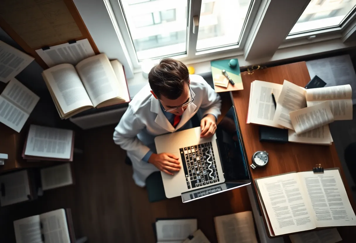 Scientist Analyzing DNA Sequences This captivating overhead shot illustrates a scientist deeply engrossed in examining DNA sequences on a sleek laptop, surrounded by open textbooks and molecular models. Soft natural light bathes the scene, creating an inviting atmosphere for exploration and study. With shallow depth of field, the main focus is on the laptop while the surrounding elements create a gentle bokeh. Vivid colors inspired by Fujifilm Velvia bring life to this educational setting, perfect for science magazines or articles.