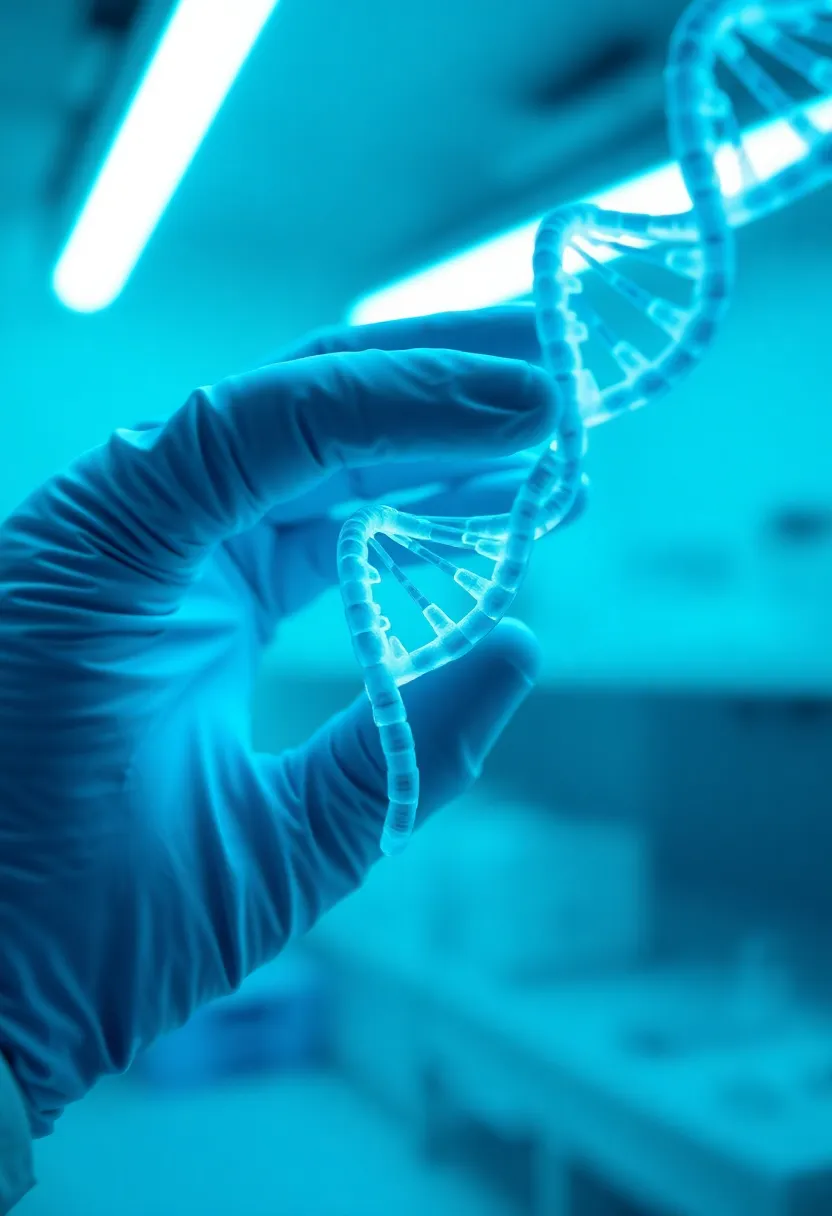 Close-Up of Researcher Manipulating DNA Strands This detailed image captures a close-up view of a researcher’s hand expertly maneuvering DNA strands in a high-tech laboratory environment. Taken with a Nikon Z9, the piece highlights the precision and care involved in genetic research under bright fluorescent lighting. The cool color palette emphasizes the scientific context, making it suitable for publications regarding biotechnology or genetics. The image effectively conveys the delicate balance of science and technology in modern research.