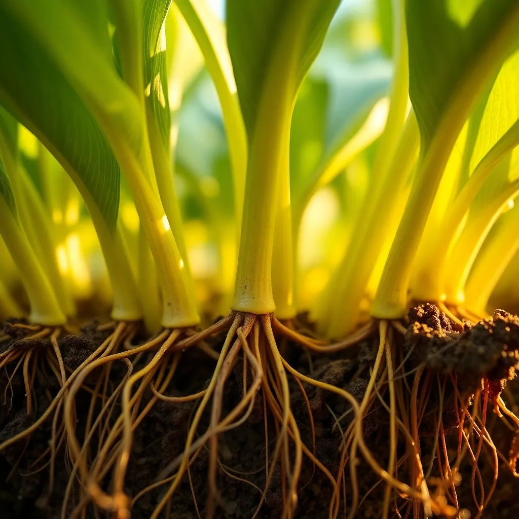 Genetically Modified Plants with Visible DNA This striking macro close-up presents genetically modified plants, revealing visible DNA strands within the roots. Bathed in the soft glow of early morning sunlight, the vibrant greens and earthy browns convey a sense of freshness and vitality. The selective focus captures intricate details of the DNA, while the blurred greenery in the background enhances the scene’s depth. The symmetrical composition centers the roots, inviting viewers to explore the fascinating world of genetic science.