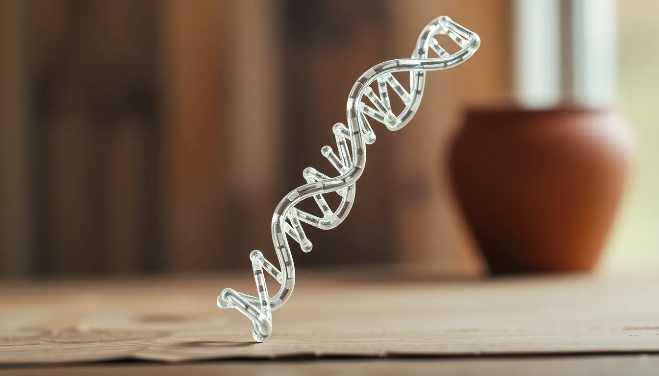 This striking image showcases a beautifully crafted glass model of DNA strands, illuminated softly by diffused daylight. The intricate details and clarity of the glass are set against a textured wooden table, creating a warm and inviting atmosphere. The shallow depth of field draws focus to the DNA design, while the muted tones evoke a sense of calm and precision. This composition invites viewers to appreciate the artistry of scientific representation.