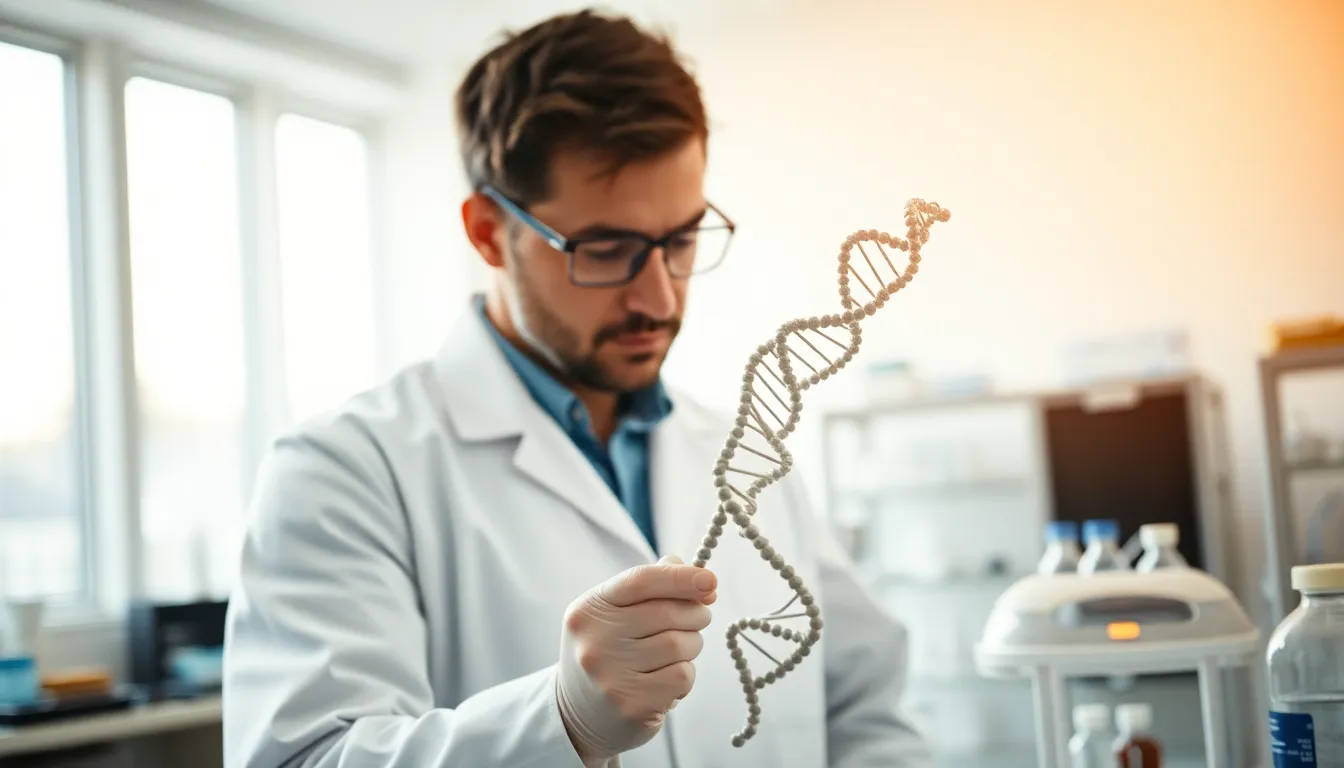 Scientist Examining DNA Structure Model In a bright laboratory space, a focused scientist studies a detailed DNA structure model. The soft, diffused daylight creates a calm and inviting atmosphere, while the intricacies of the model stand out sharply against a soft bokeh background. The natural muted tones provide a serene, professional feel. This image effectively combines scientific exploration with artistic composition, making it ideal for educational and promotional materials.