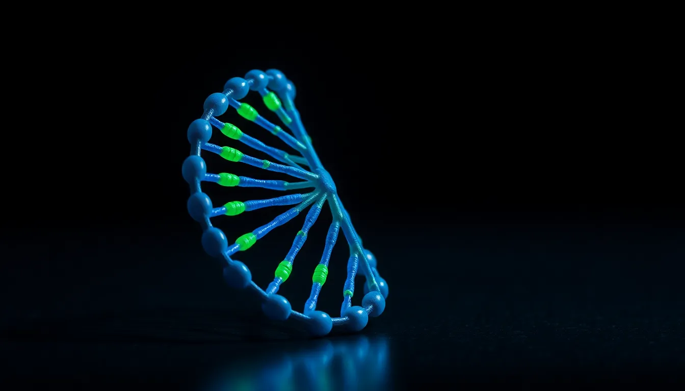 This striking image showcases a detailed 3D model of a DNA helix, illuminated with dramatic underlighting that creates fascinating shadows. The vibrant blue and green colors highlight the individual nucleotides against a textured black surface, adding depth and contrast. With a shallow depth of field, the background softly blurs, allowing the helix to stand out prominently in the center of the frame. The overall composition captures the elegance and complexity of genetic structure beautifully.