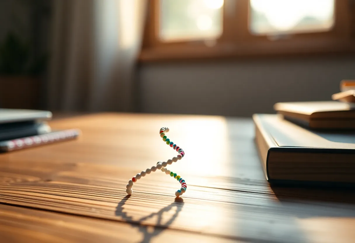 This macro shot of a 3D printed DNA molecule showcases its intricate design against a rustic wooden desk. The warm natural light enhances the textures of both the model and the surface, creating a harmonious and inviting atmosphere. The soft bokeh draws attention to the scientific marvel of DNA technology, while the earthy color palette adds warmth to the composition. The off-center placement of the model provides a contemporary artistic flair.