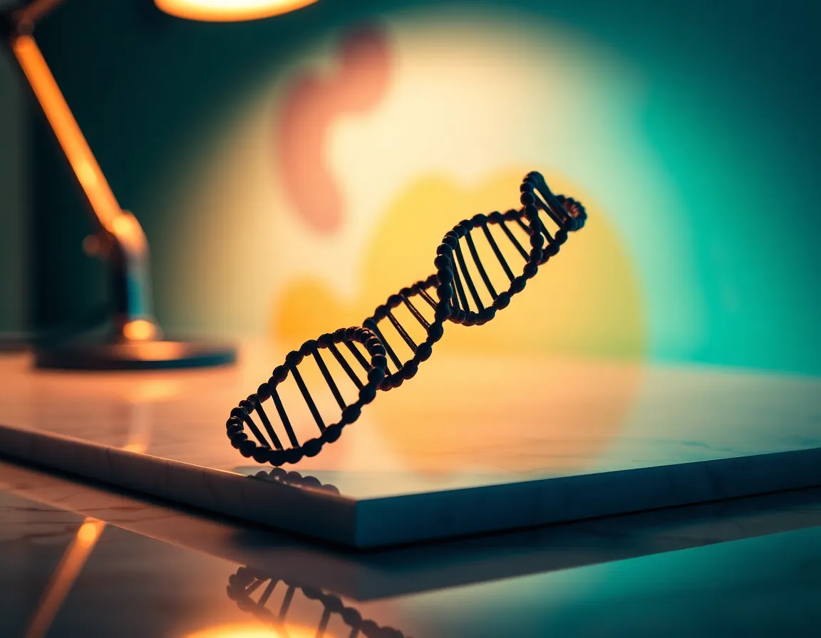 This vibrant image features a double helix DNA model, highlighted dramatically by a warm tungsten desk lamp. The selective focus brings out the intricate details of the model, while the luxurious marble surface offers a contrasting texture. With rich colors reminiscent of Velvia film, the atmosphere feels both scientific and artistic. The composition's angled perspective adds dynamism, inviting viewers to explore the intertwined strands of life.